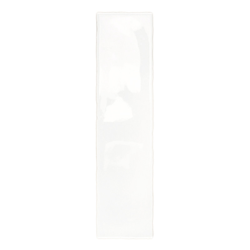A rectangular white tile with a glossy finish rests vertically against a plain background, displaying its smooth, reflective sur