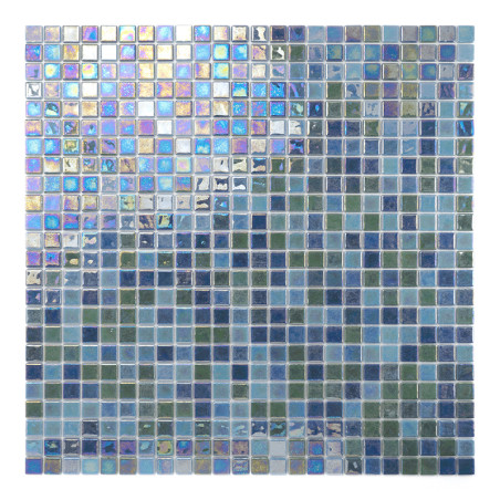 Les carrés de verre colorés scintillent, formant un motif abstrait de bleus et de verts, créant une scène océanique tranquille.