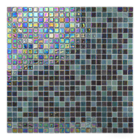 Ladrilhos quadrados pequenos e iridescentes criam padrões geométricos em um mosaico multicolorido e cintilante, formando um desi
