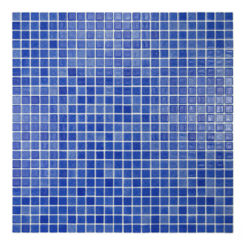 De petits carreaux de verre bleu forment un motif géométrique, créant une mosaïque vibrante dans un agencement structuré en form