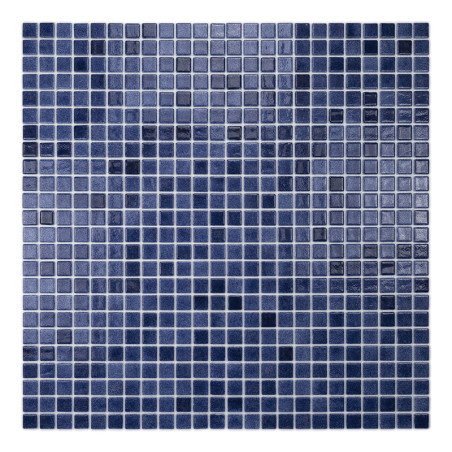 Blaue Glasfliesen bilden ein quadratisches Mosaikmuster und erzeugen einen schimmernden Effekt in verschiedenen Farbtönen, der T