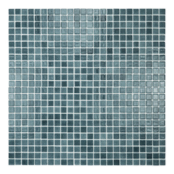 Los mosaicos de vidrio cuadrados, dispuestos en una cuadrícula, varían en tonos de azul, creando una superficie texturizada y re