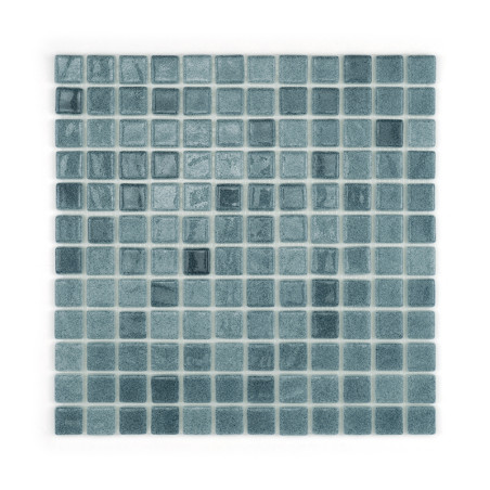 Ladrilhos de vidro quadrados dispostos em grade, em vários tons de azul, sobre fundo branco.