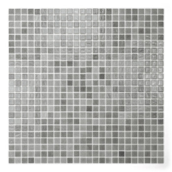 Kleine grijze glastegels vormen een uniform raster en reflecteren het licht op subtiele wijze in een gelijkmatig, monochromatisc