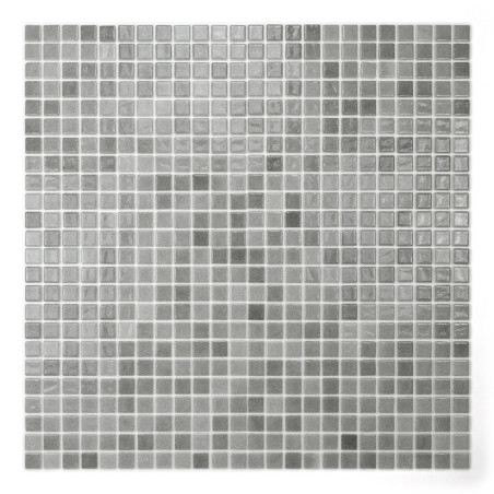 Pequeñas Azulejos de vidrio gris forman una cuadrícula uniforme, reflejando la luz sutilmente en un patrón uniforme y monocromát