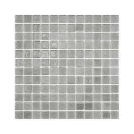 Gray glass mosaic tiles are arranged uniformly to form a square pattern, creating a reflective and textured surface.