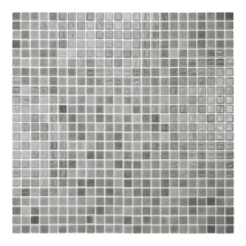 Os ladrilhos de mosaico de vidro cinza formam um padrão de grade, refletindo a luz, criando uma estética elegante e moderna em u