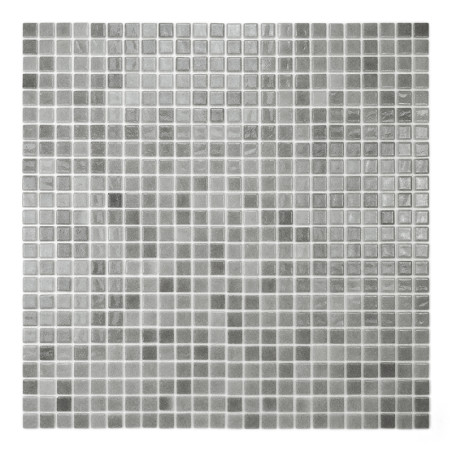 Gray glass mosaic tiles form a grid pattern, reflecting light, creating a sleek, modern aesthetic on a flat surface.