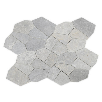 Carreaux de pierre hexagonaux disposés en quinconce, affichant des tons de gris mélangés et de subtiles variations de texture su