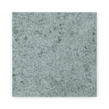 Quadratische Steinfliese mit gesprenkelter grauer Textur, die auf einem schlichten weißen Hintergrund ruht.