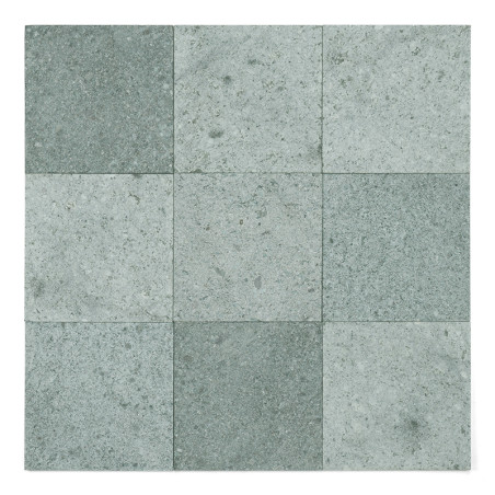 Nueve Azulejos cuadradas de piedra verde alineadas en una cuadrícula de 3x3, que muestran sutiles variaciones en textura y tono.