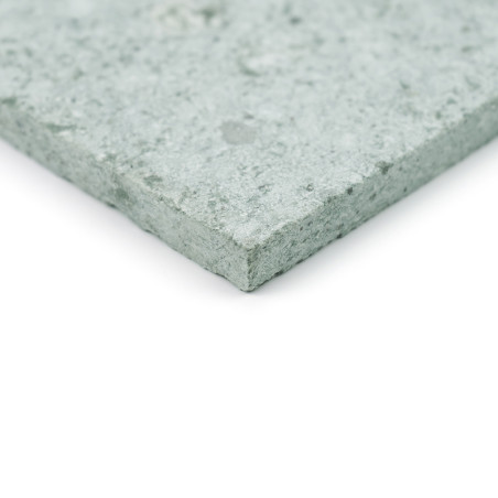 Een groene steentegel met een gestructureerd oppervlak, plat liggend tegen een witte achtergrond.