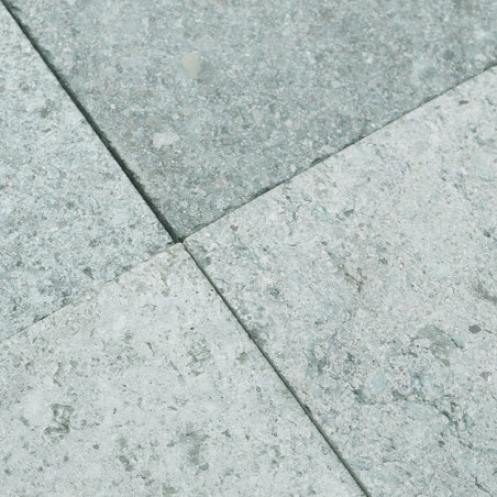 Les carreaux de pierre forment un motif carré, présentant une surface texturée de teintes gris clair mouchetées et vert pâle.