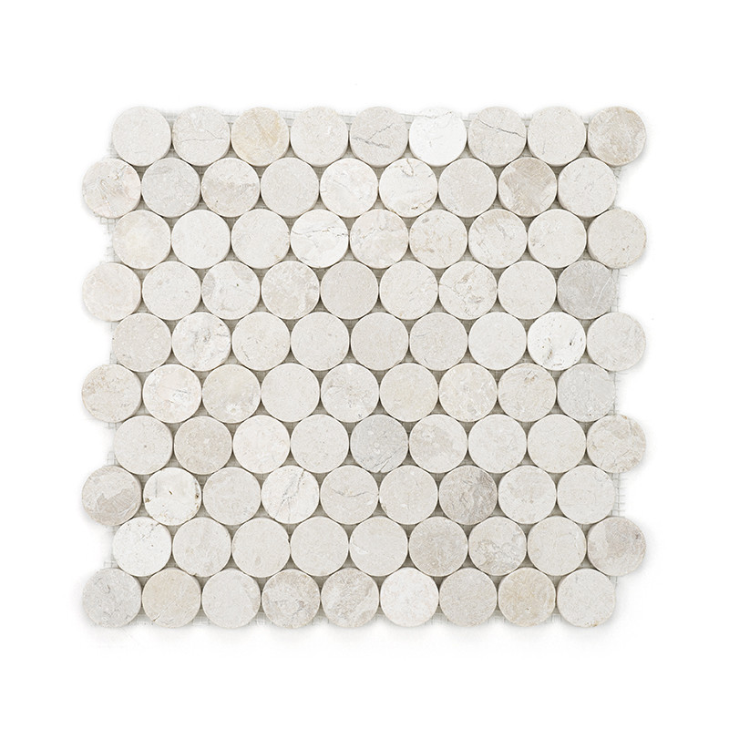 Circular stone tiles arranged in a grid, forming a square pattern against a white background.