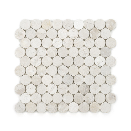 Circular stone tiles arranged in a grid, forming a square pattern against a white background. Circular stone tiles arranged in a grid, forming a square pattern against a white background.
