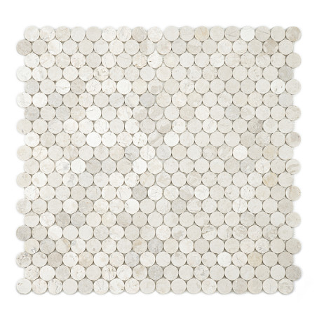 Circular stone tiles form a patterned mosaic, creating a light, textured surface in a square configuration. Circular stone tiles form a patterned mosaic, creating a light, textured surface in a square configuration.