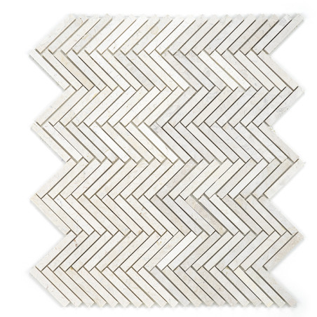 Les carreaux de pierre rectangulaires blancs forment un motif à chevrons en zigzag, créant un motif texturé et géométrique sur u