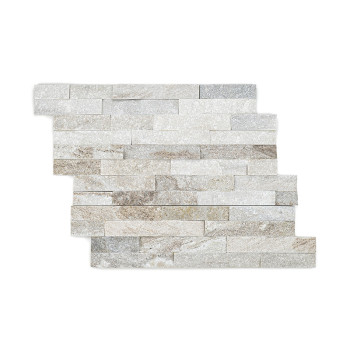 Ladrilhos de pedra retangulares são dispostos em um padrão offset, exibindo um gradiente de tons de bege e cinza.