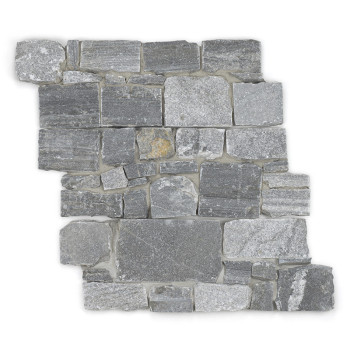 Les carreaux de pierre rectangulaires gris forment un motif texturé, disposés en quinconce, sur un fond blanc uni.
