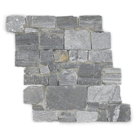 Carreaux de pierre grise disposés selon des formes rectangulaires variées, créant un motif texturé et imbriqué sur un fond blanc Carreaux de pierre grise disposés selon des formes rectangulaires variées, créant un motif texturé et imbriqué sur un fond blanc