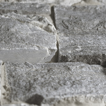 Carreaux de pierre grise disposés côte à côte, formant une surface texturée dans un cadre naturel et accidenté.