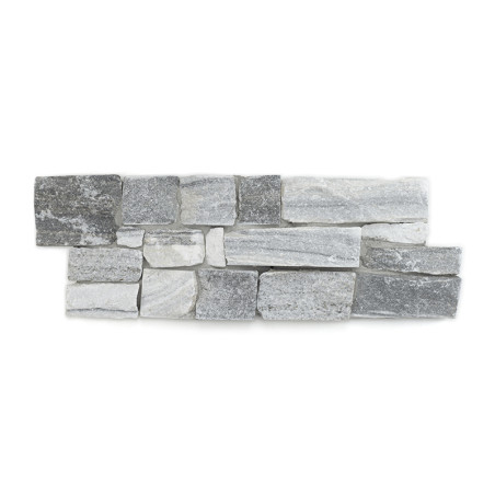 Baldosa de piedra rectangular compuesta por piedras grises y blancas de varios tamaños, dispuestas en un patrón escalonado sobre Baldosa de piedra rectangular compuesta por piedras grises y blancas de varios tamaños, dispuestas en un patrón escalonado sobre