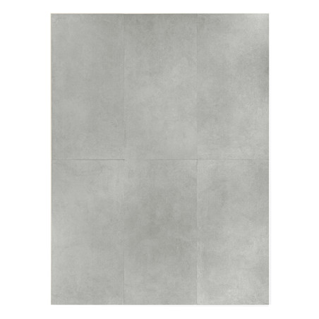 Un azulejo liso de color gris claro presenta variaciones de color sutiles y desiguales, creando una textura similar al concreto,