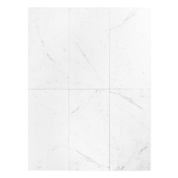 Un carreau de céramique rectangulaire blanc affiche un subtil motif marbré gris, suggérant un look élégant et moderne adapté aux