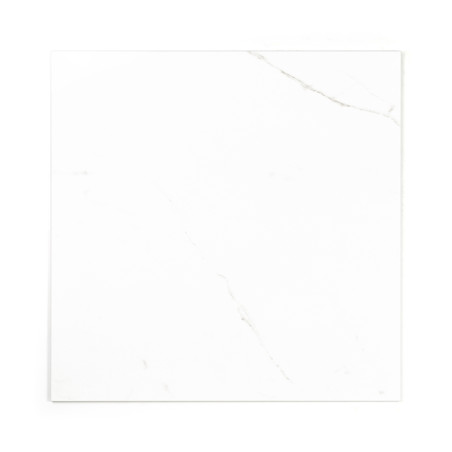 A square white tile features subtle gray veining, resembling natural marble, against a plain background, evoking a minimalist an