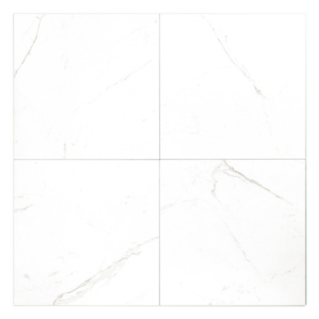 Four square tiles with a white marble pattern intersect, displaying faint gray veins. The surface is smooth, forming an elegant,