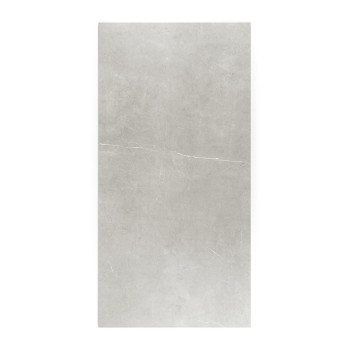 Un carreau rectangulaire gris clair présente des motifs marbrés subtils, suggérant une surface lisse et élégante adaptée au sol 