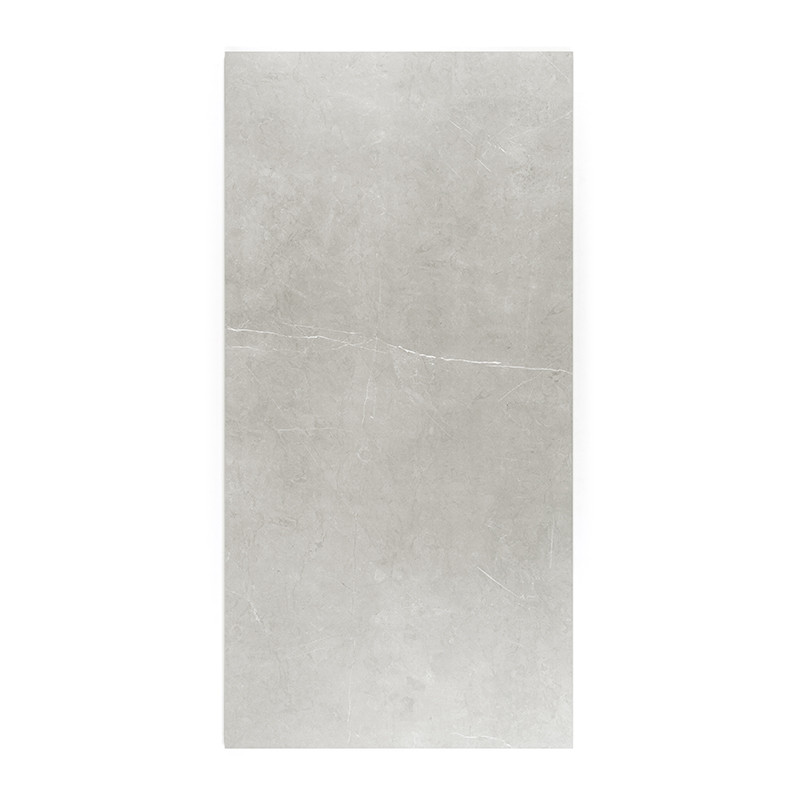 A rectangular, light gray tile features subtle marbling patterns, suggesting a smooth and sleek surface suitable for flooring or