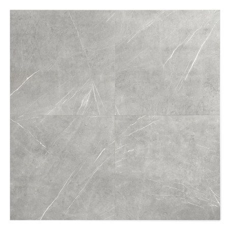 L’image montre un carreau carré avec une surface lisse gris clair et de subtiles veines blanches, créant un aspect semblable à c