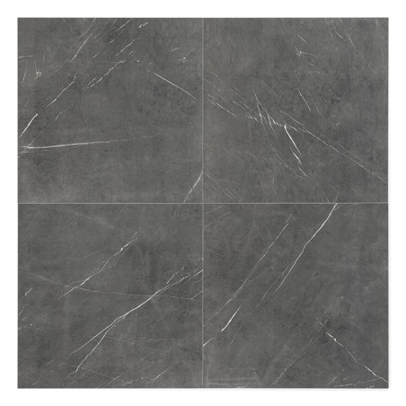 Carrelage en marbre gris avec veines blanches, formant un motif en quadrant. La surface polie crée une apparence élégante et élé