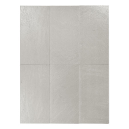 Seis azulejos retangulares cinza claro dispostos em duas colunas e três fileiras, criando uma superfície lisa e minimalista. Os 