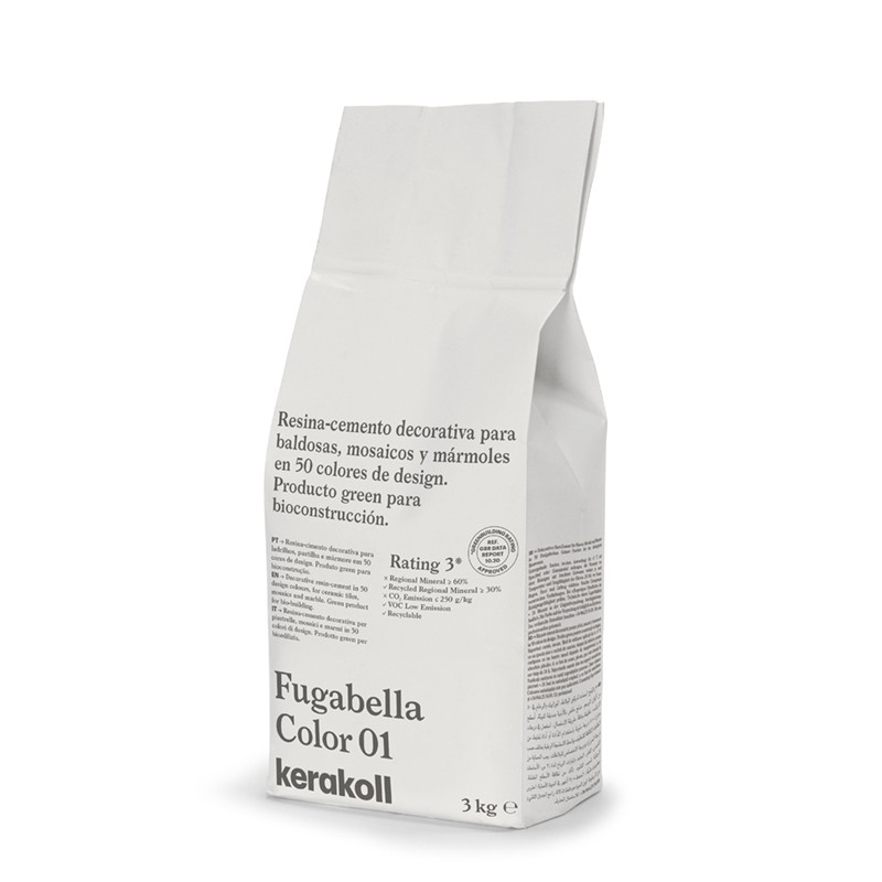Un sac blanc étiqueté « Fugabella Color 01 » contient du ciment-résine décoratif de Kerakoll, conçu pour les carreaux, les mosaï