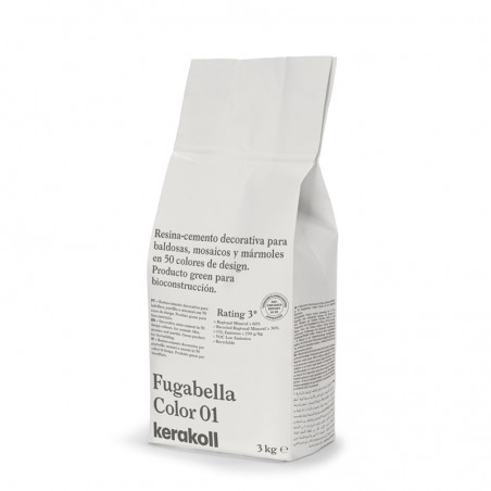 Een witte zak met het opschrift `Fugabella Color 01` bevat decoratief harscement van Kerakoll, ontworpen voor tegels, mozaïeken Een witte zak met het opschrift `Fugabella Color 01` bevat decoratief harscement van Kerakoll, ontworpen voor tegels, mozaïeken