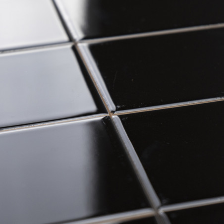 Les carreaux de céramique noirs brillants sont disposés selon un motif en grille, réfléchissant doucement la lumière, placés dan Les carreaux de céramique noirs brillants sont disposés selon un motif en grille, réfléchissant doucement la lumière, placés dan