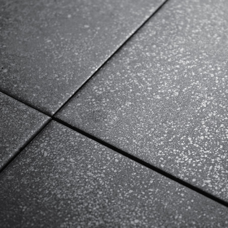 Four dark gray tiles feature a subtle speckled texture. They are aligned closely, forming a grid pattern in artificial lighting.