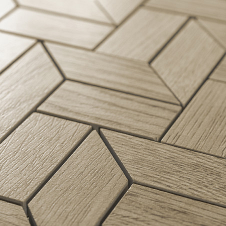 Les carreaux texturés en bois s'emboîtent dans un motif géométrique, créant un effet tridimensionnel en relief sur la surface. L Les carreaux texturés en bois s'emboîtent dans un motif géométrique, créant un effet tridimensionnel en relief sur la surface. L