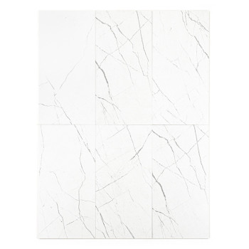 Un carreau rectangulaire présente des motifs veinés gris clair ressemblant à du marbre sur un fond blanc immaculé, au service d'