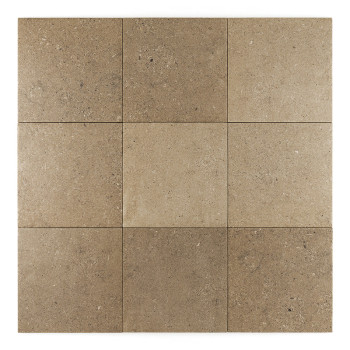 Le carreau de céramique carré présente une surface lisse avec une texture beige sable marbrée, suggérant un aspect de pierre nat