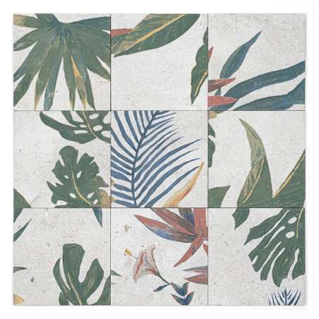 Los azulejos presentan varias hojas tropicales superpuestas en tonos verdes, azules y rojos. Crean un patrón botánico cohesivo s