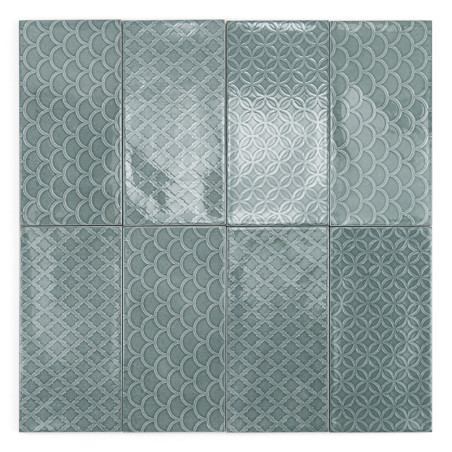 El juego de azulejos muestra una variedad de patrones geométricos que incluyen festones y círculos entrelazados, creando un dise El juego de azulejos muestra una variedad de patrones geométricos que incluyen festones y círculos entrelazados, creando un dise