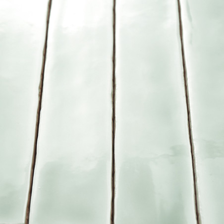 Les carreaux vert pâle brillants sont disposés en rangées verticales, séparées par de fines lignes de coulis sombres, créant une Les carreaux vert pâle brillants sont disposés en rangées verticales, séparées par de fines lignes de coulis sombres, créant une