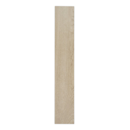 Un azulejo largo, estrecho y rectangular con un acabado de vetas de madera clara, colocado verticalmente sobre un fondo blanco l