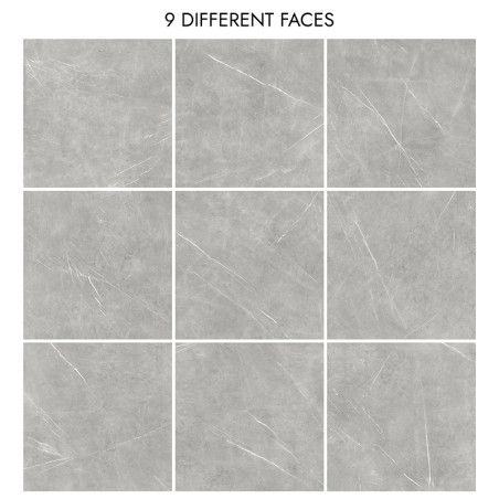 Una cuadrícula de nueve azulejos de color gris claro, cada uno con sutiles patrones de vetas blancas. El texto de arriba dice `9