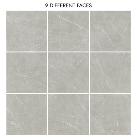 Neuf carreaux gris présentent de subtiles veines blanches, disposées selon une grille 3x3, chacune avec un motif unique. Le text