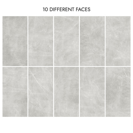 Dix carreaux gris mat aux subtiles variations de texture sont disposés en grille. Le texte ci-dessus indique « 10 VISAGES DIFFÉR