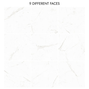 Une grille de neuf carreaux à motifs de marbre blanc avec de légères veines grises. Le texte indique « 9 VISAGES DIFFÉRENTS » au
